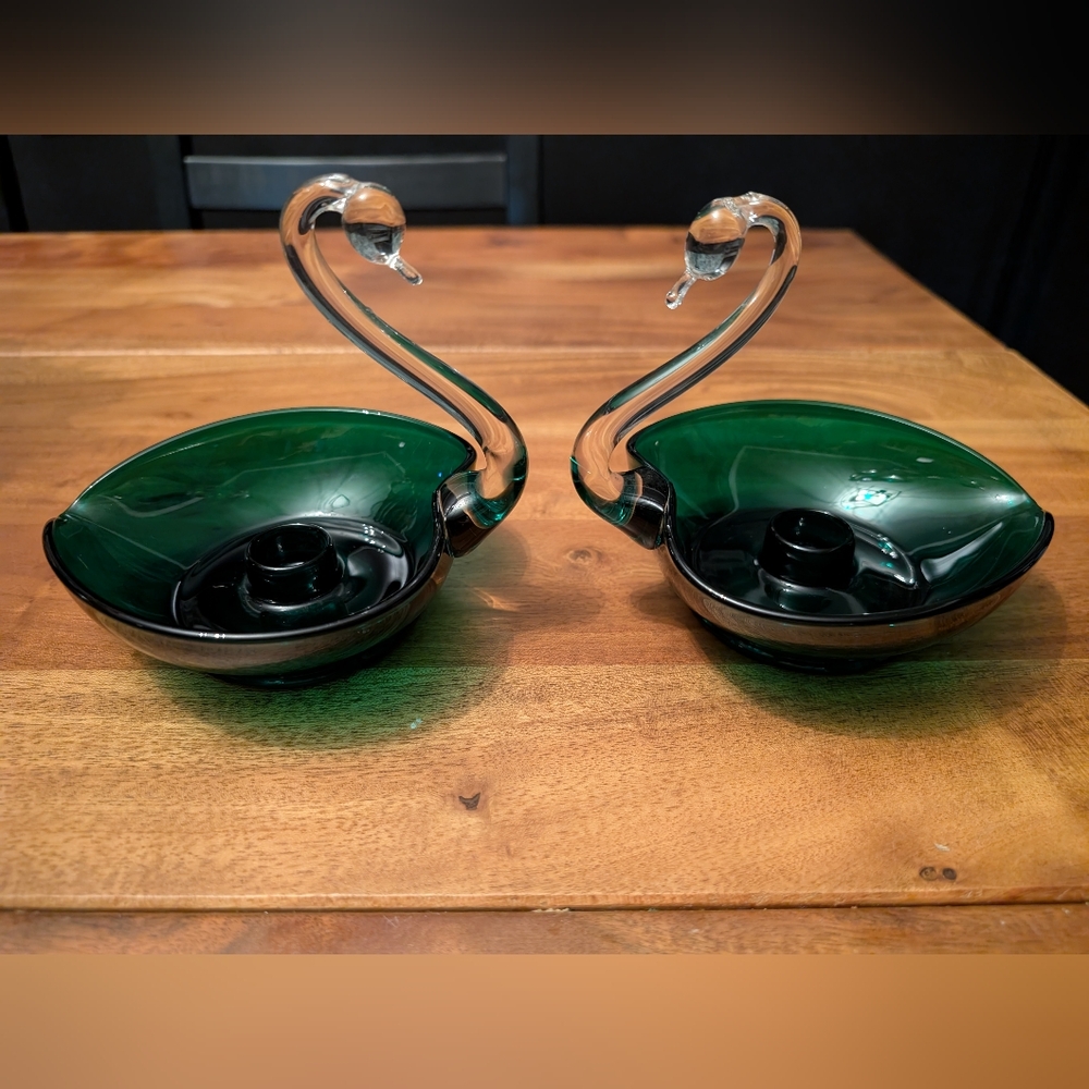 Green Glass Swan Candle Holders